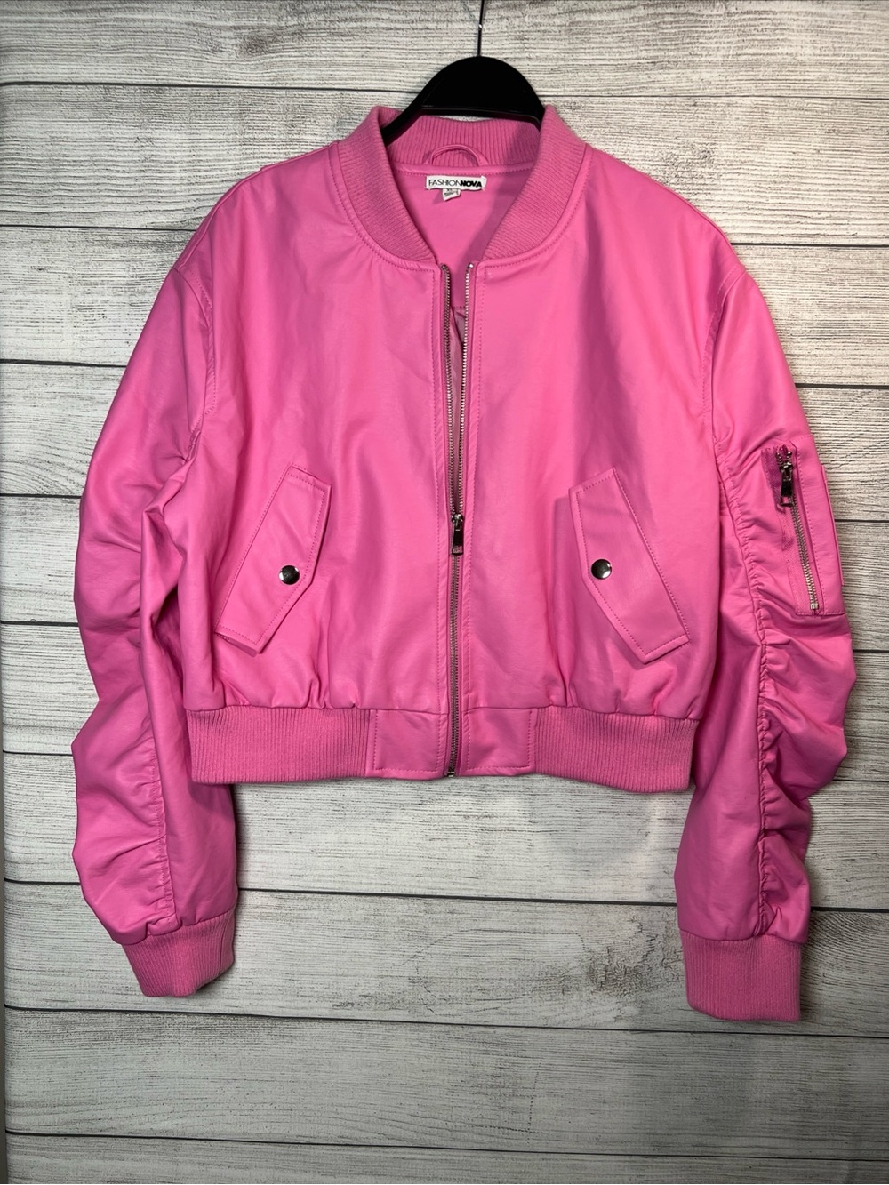 Barbiecore Pink Faux Leather Bomber Jacket XL Edgy Utility Y2K Moto Festival